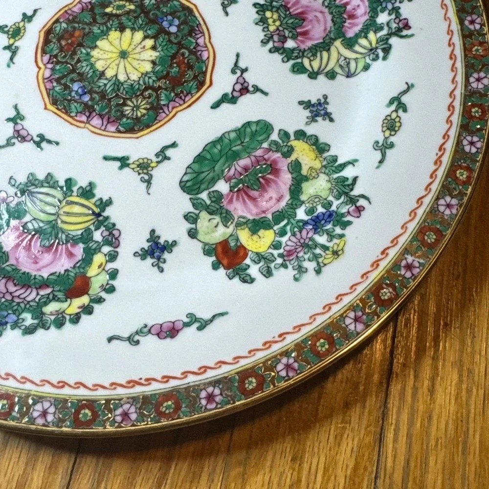 Vintage Hand Painted Chinese Famille Rose Porcelain Plate Gold Rim Floral 10in - Picture 5 of 8